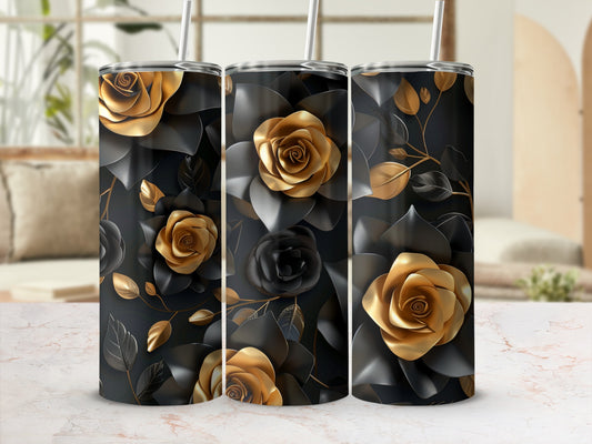 Three tumblers with gold and black floral designs displayed in a home setting.