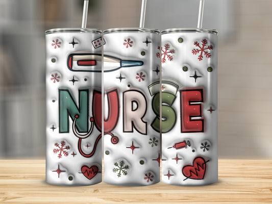 Three tumblers with nurse-themed graphics and snowflake accents.