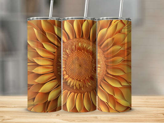 Three tumblers with a detailed sunflower design, displayed on a wooden surface.