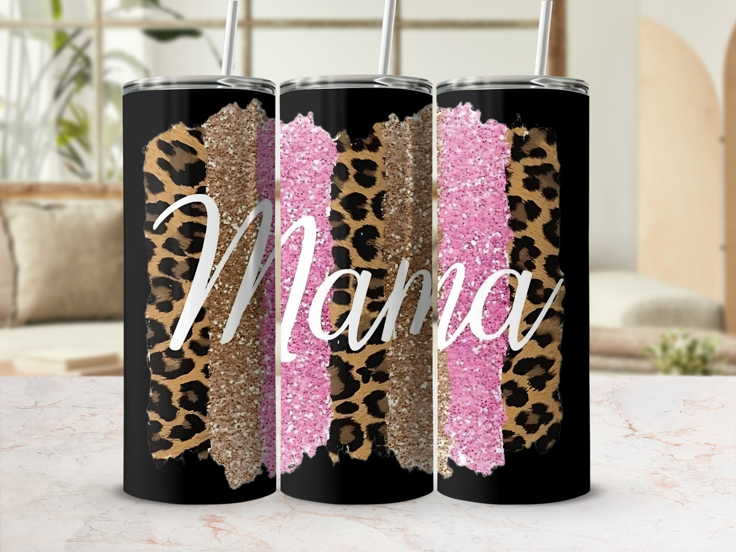 Mama Leopard and Glitter Design Tumbler Cup