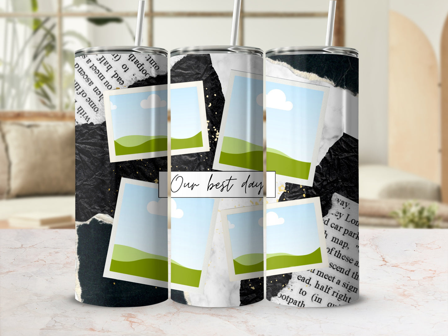 Three tumblers with torn paper, photo placeholders, and "Our best day" text.