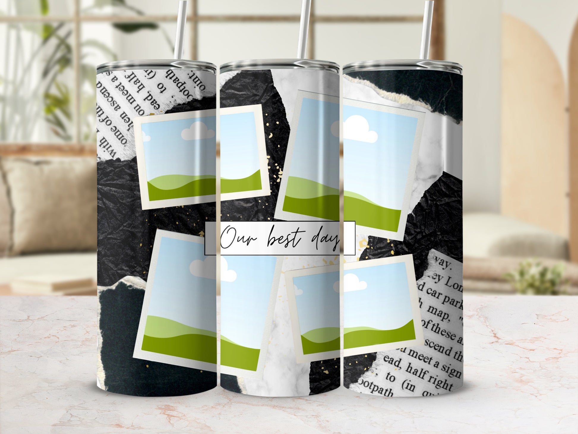 Three tumblers with torn paper, photo placeholders, and "Our best day" text.