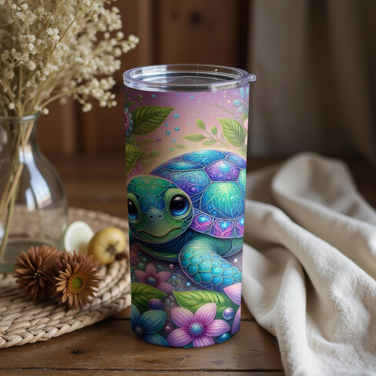 Colorful Turtle and Flowers Design Travel Tumbler Product