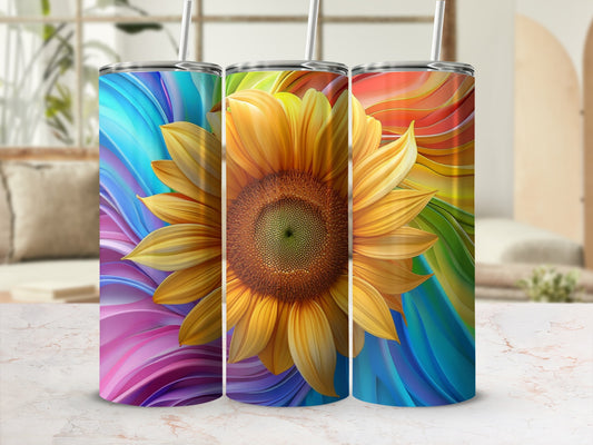 Sunflower tumbler with colorful abstract background.