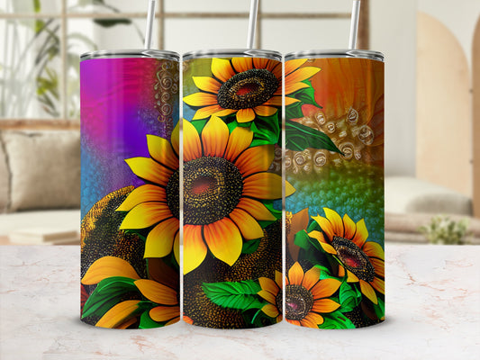 Three tumblers with vibrant sunflower designs and colorful abstract backgrounds.