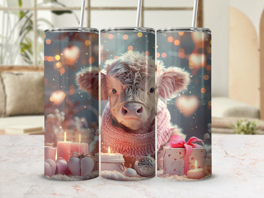 Cow wearing a pink scarf with holiday lights and gifts.