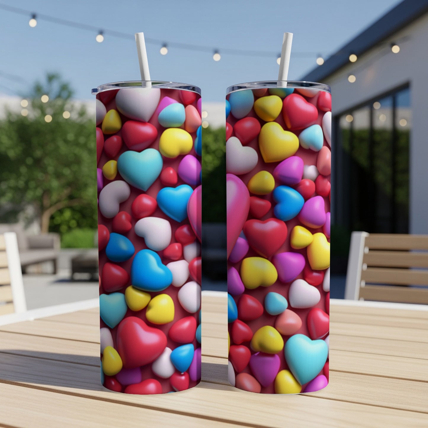 Two colorful heart-patterned tumblers with straws on a wooden table.