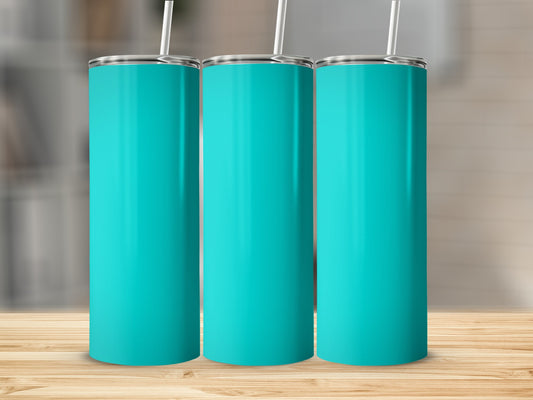 Three teal tumblers with straws on a wooden surface.