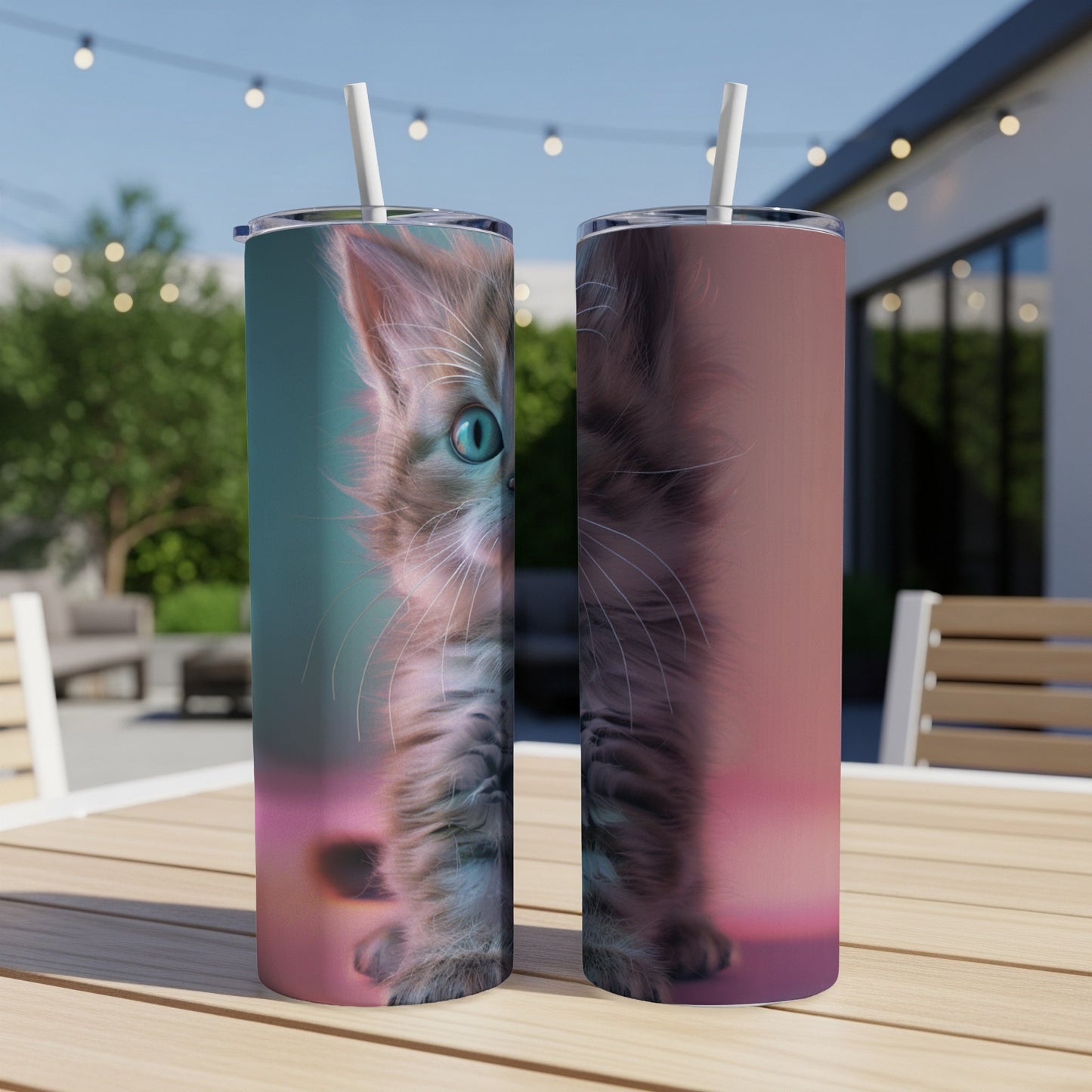 Two tumblers featuring a close-up of a tabby kitten's face on a patio table.