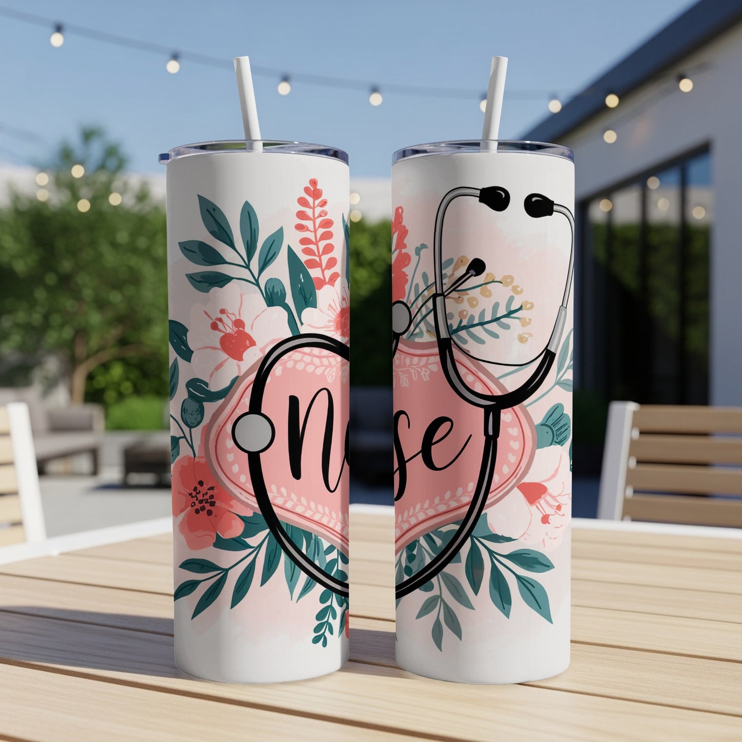 Floral stethoscope design with the word "nurse" on a white tumbler.