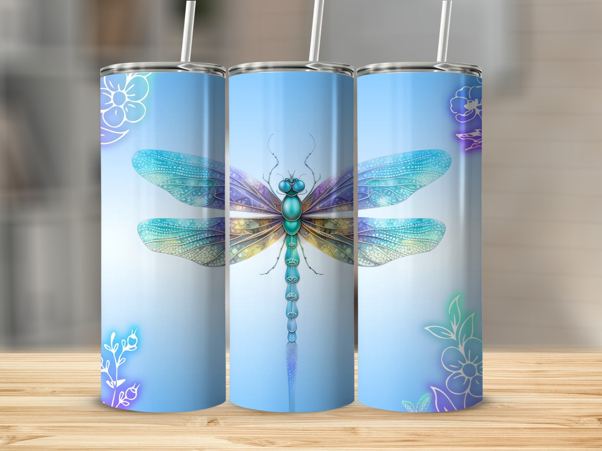 Dragonfly Design Tumbler with Straw Insulated Cup