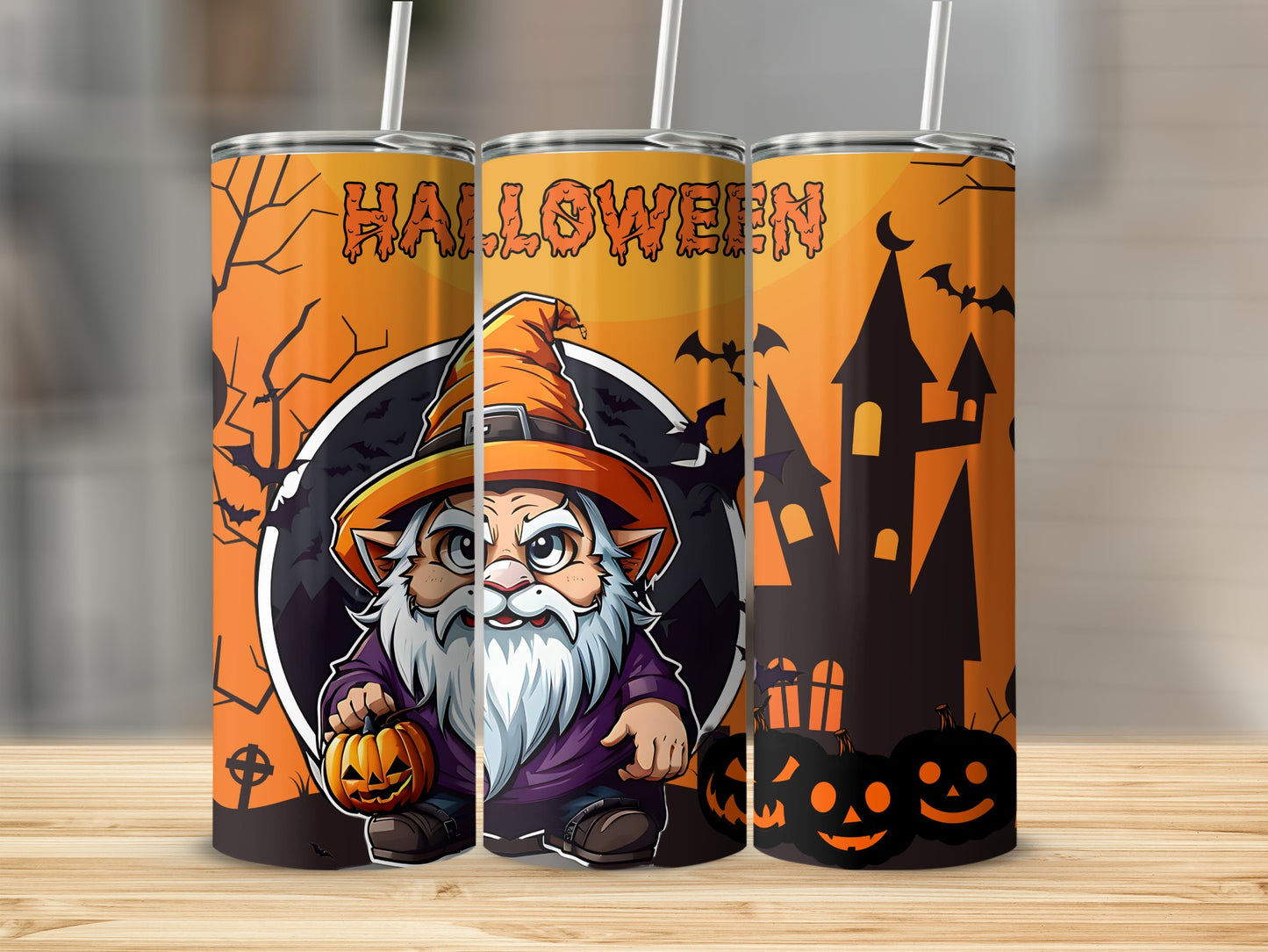 Festive Halloween Gnome Design with Castle Tumbler