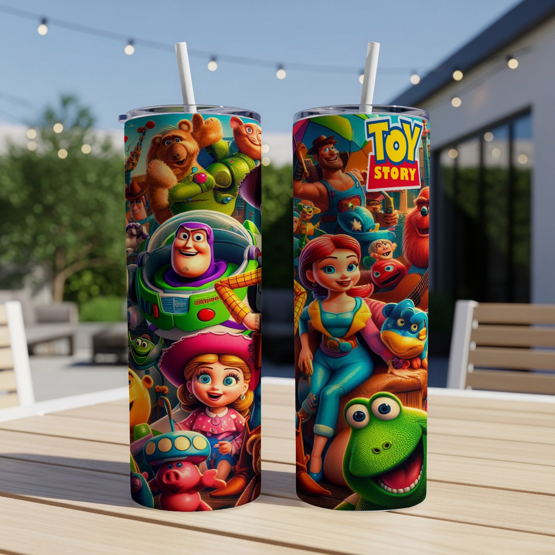 Toy Story characters on two tall tumblers with straws.