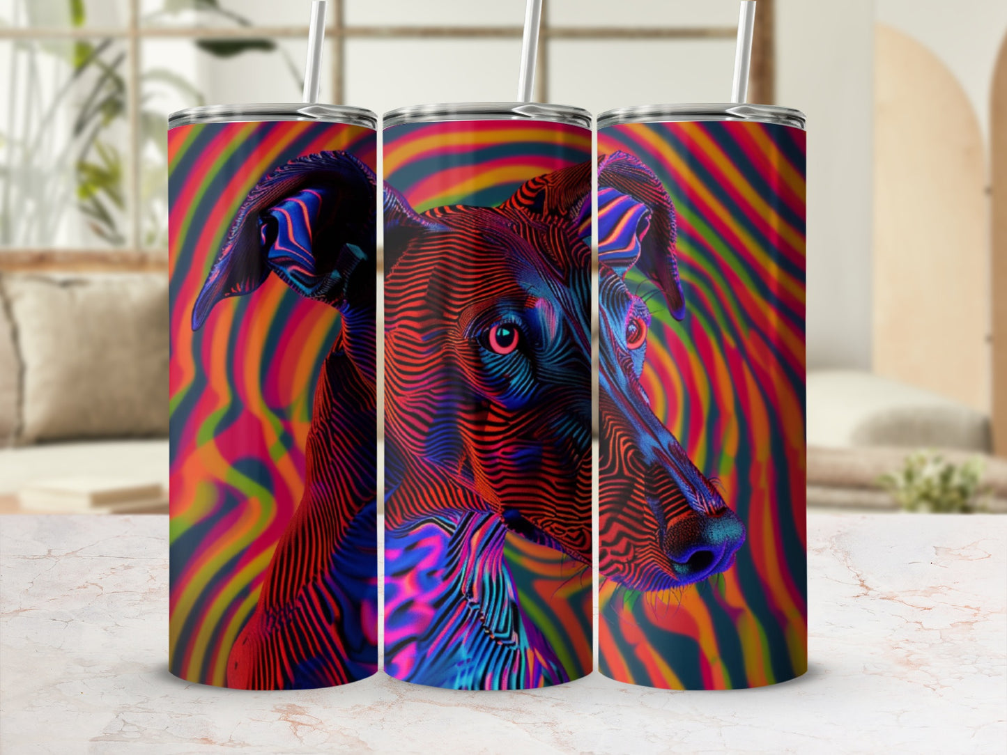 Three tumblers with abstract neon dog art on a marble surface.