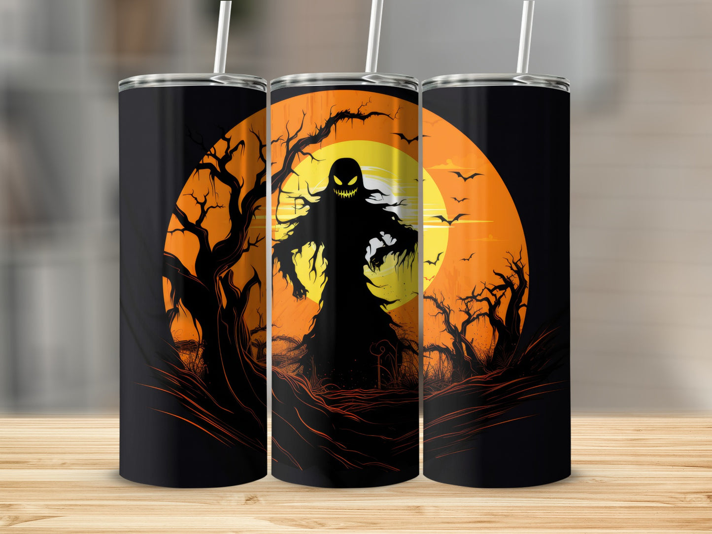 Halloween tumbler with a spooky ghost, creepy trees, and a full moon.