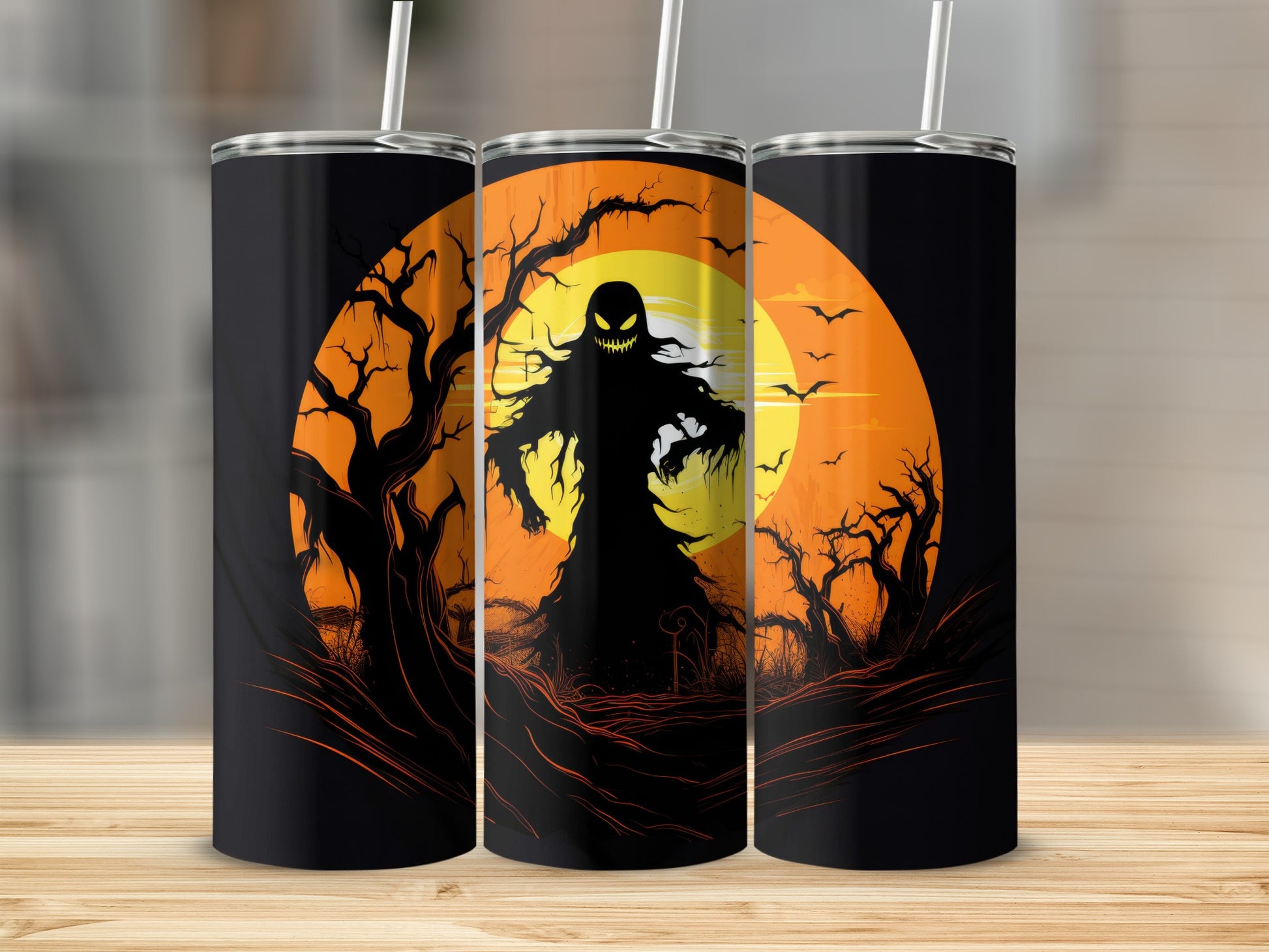 Halloween tumbler with a spooky ghost, creepy trees, and a full moon.