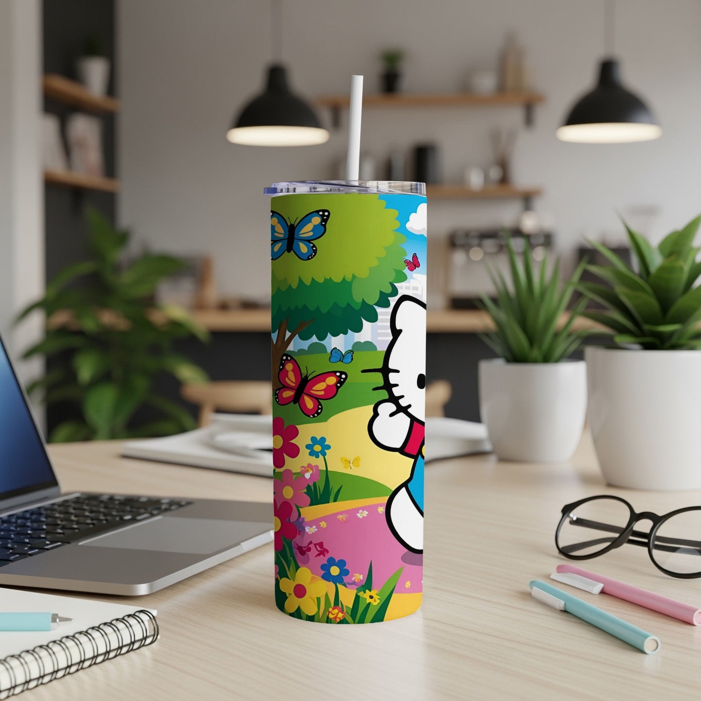 Hello Kitty on a colorful background with flowers and butterflies.