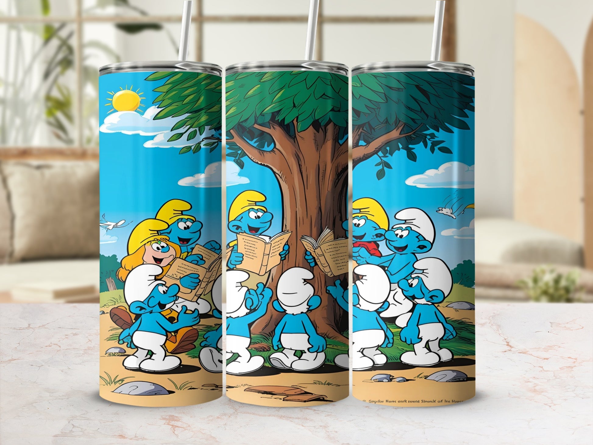 Smurfs reading books under a tree with a sunny sky background.