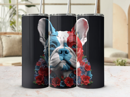 French bulldog with flag design surrounded by red and blue flowers on a tumbler.