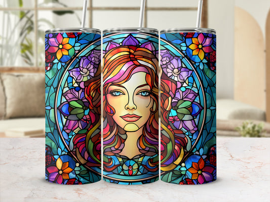 Three tumblers featuring a stained glass style portrait of a woman with colorful hair.