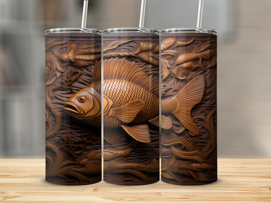 Wooden tumbler with carved fish and floral details, showing three views.
