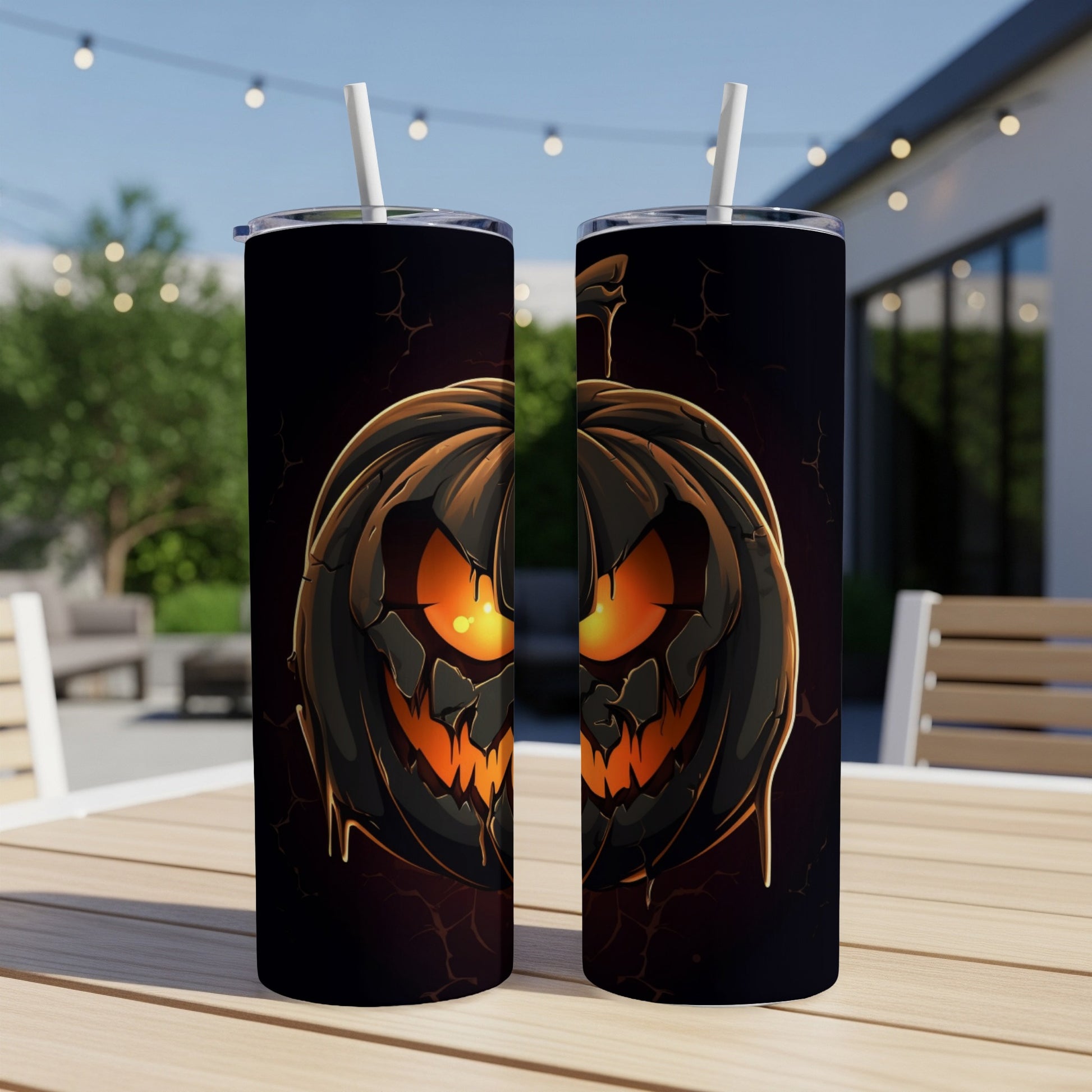 Two tumblers featuring a cracked, glowing jack-o'-lantern design with white straws.