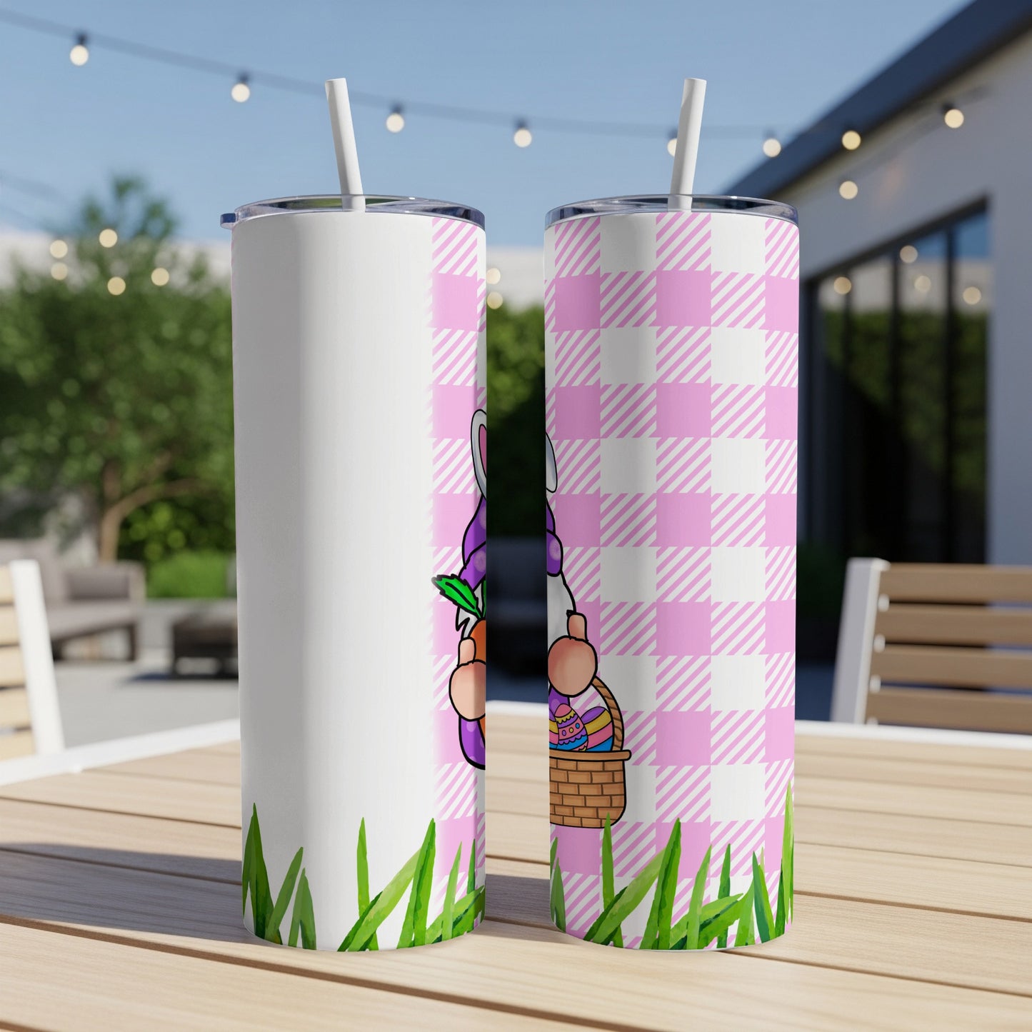 Two Easter-themed tumblers with gingham pattern and bunny carrying an egg basket.