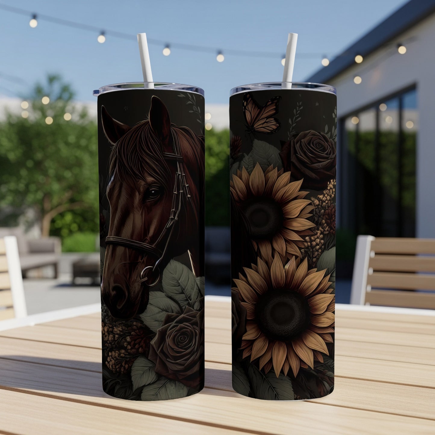 Horse and floral designs on two tumblers on a table.