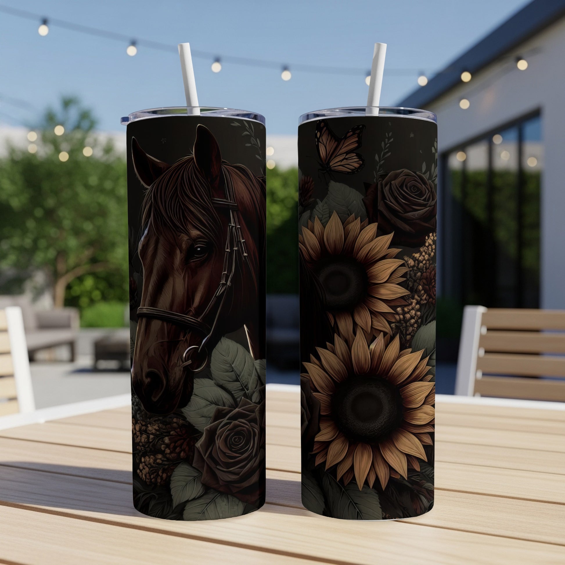 Horse and floral designs on two tumblers on a table.