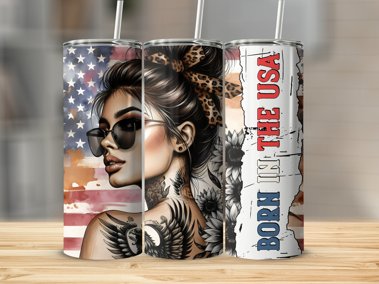 Tumblers featuring American flag, tattoos, sunglasses, and "Born in the USA" text.