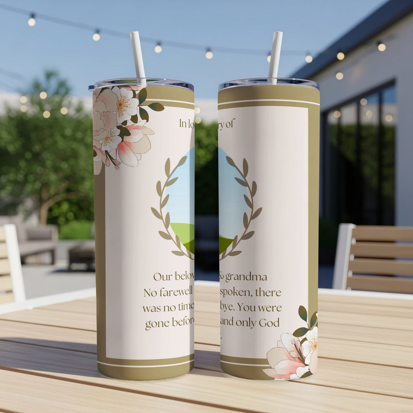 Floral memorial tumblers with text "In loving memory of our beloved grandma".