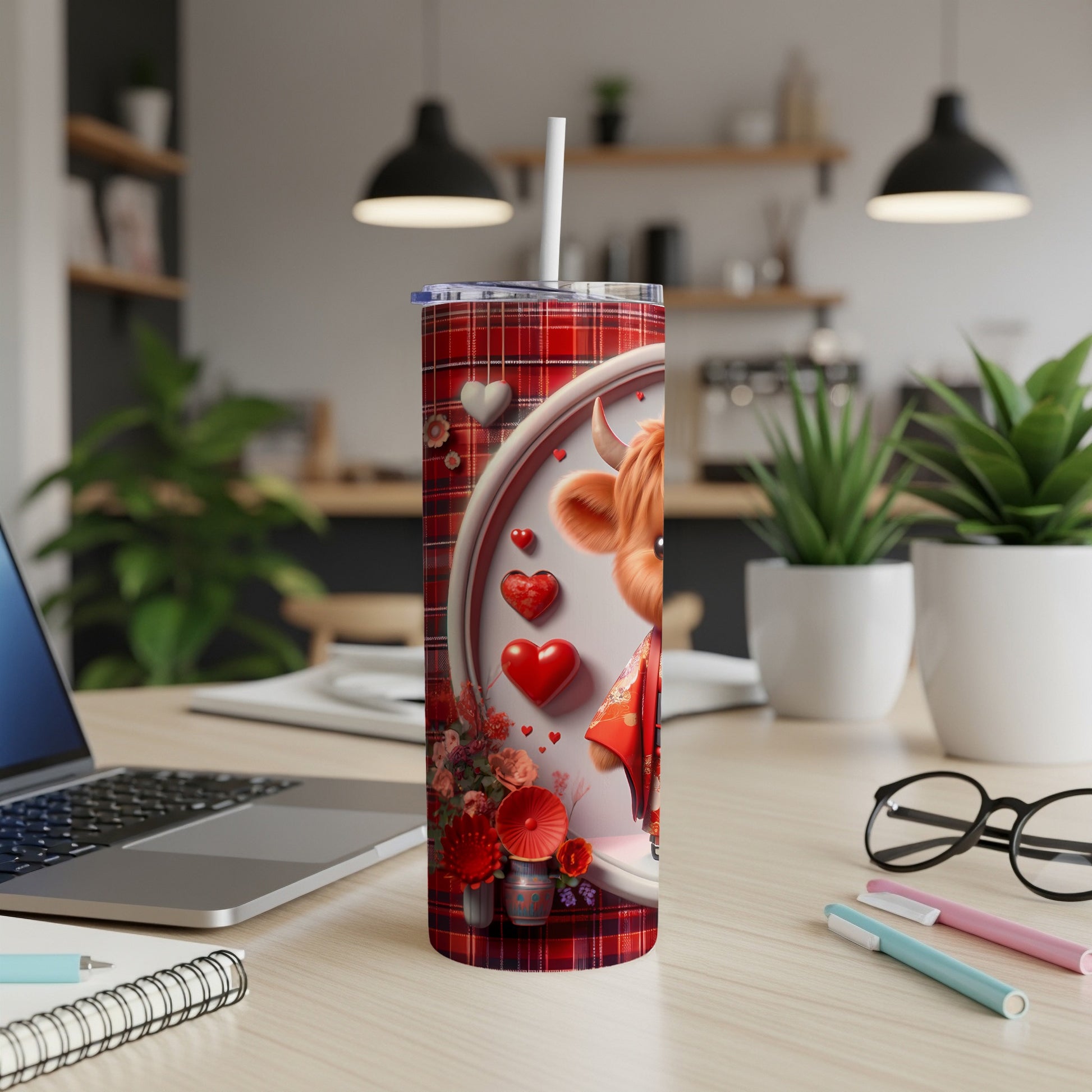 Red plaid tumbler with a cute cartoon cow wearing a kimono and holding hearts.