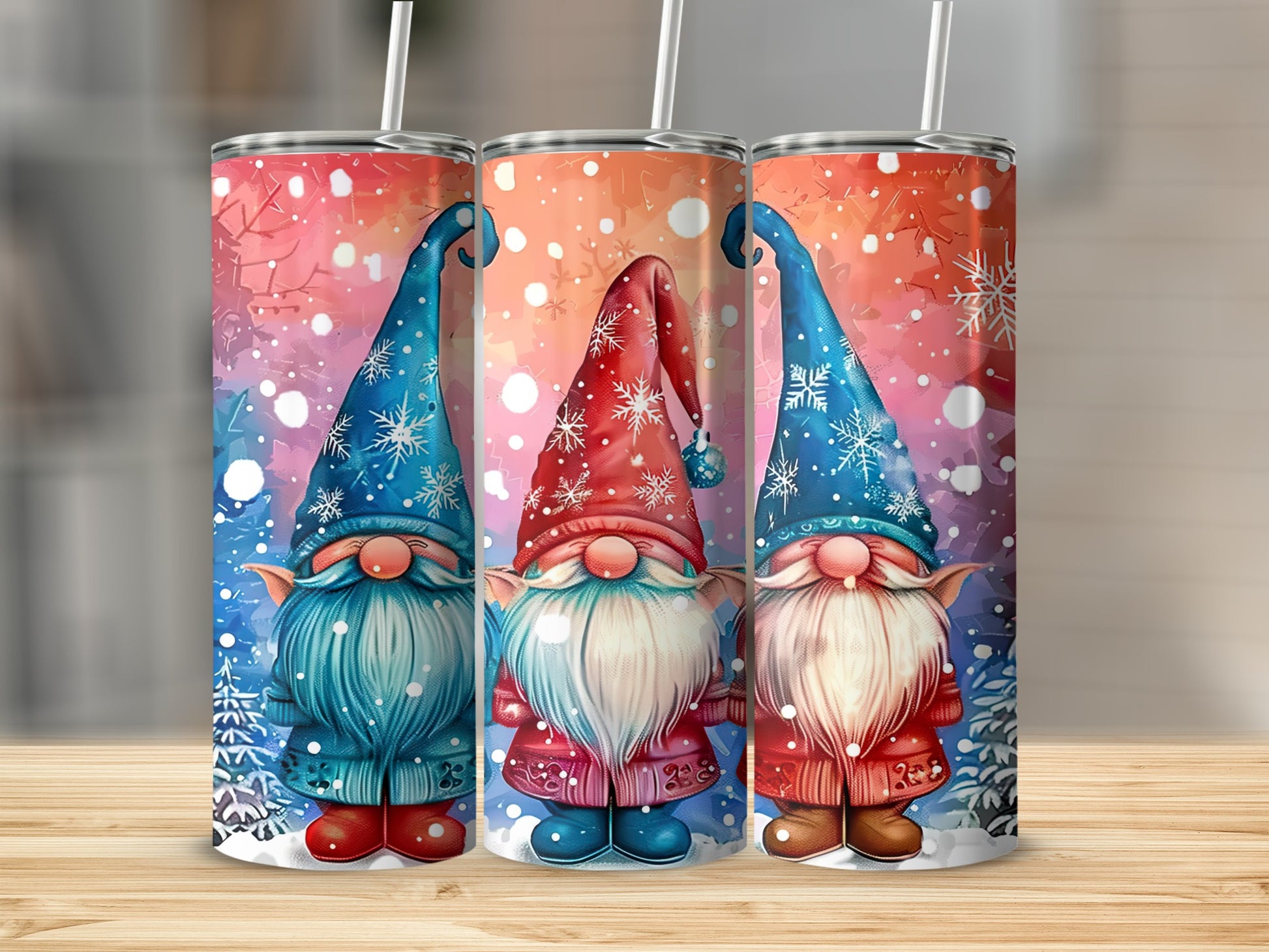 Three gnomes with red and blue hats on a snowy background.