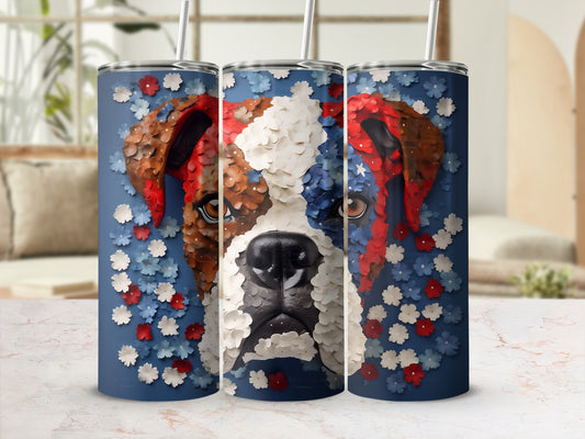 Boxer dog face with patriotic floral pattern on a blue tumbler.
