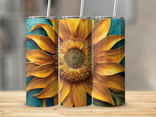 Three tall tumblers featuring a large, embossed sunflower on a textured blue background.