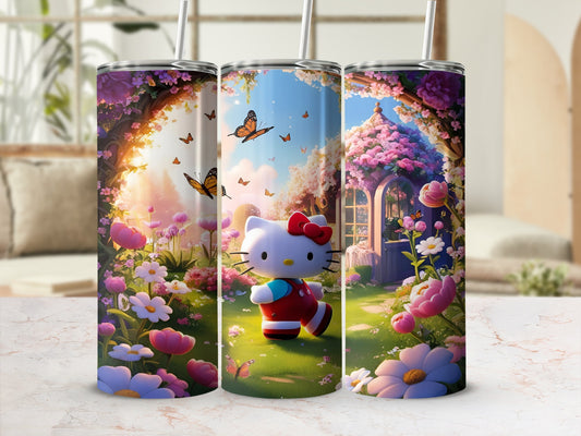 Hello Kitty in a garden with butterflies and flowers, surrounded by a whimsical floral background.