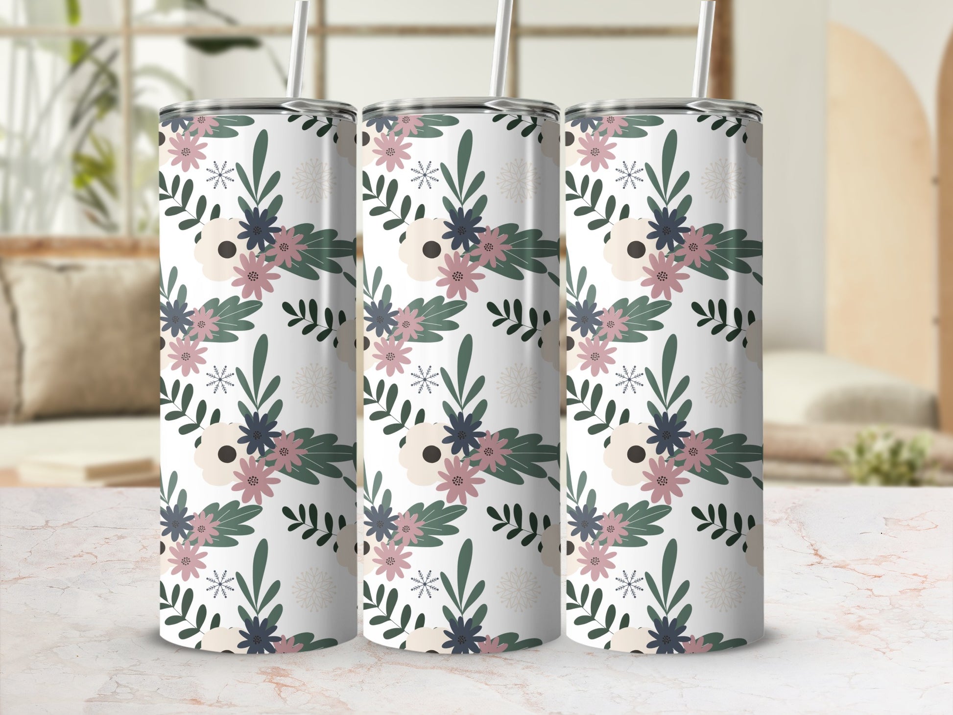 White tumbler with floral pattern and beige background.