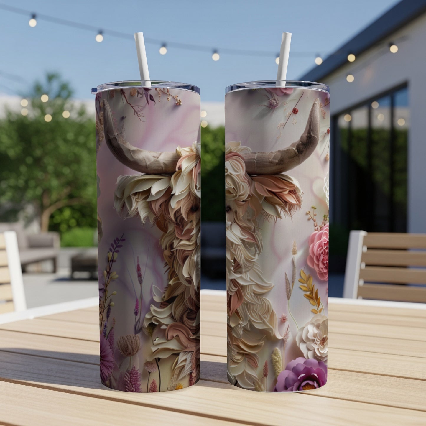 Two tumblers with a Highland cow and floral design on a wooden table.