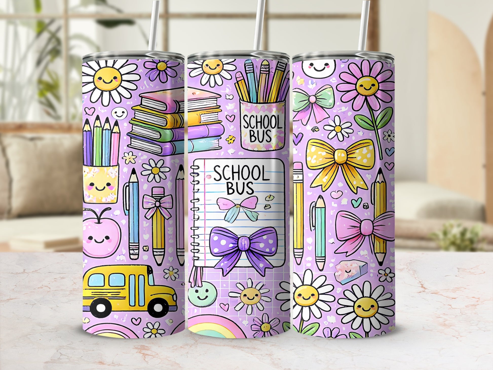 Purple tumbler with school icons: books, pencils, bus, and smiling flowers.