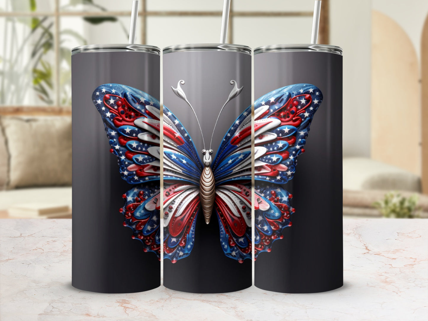 Tumbler with patriotic butterfly design.