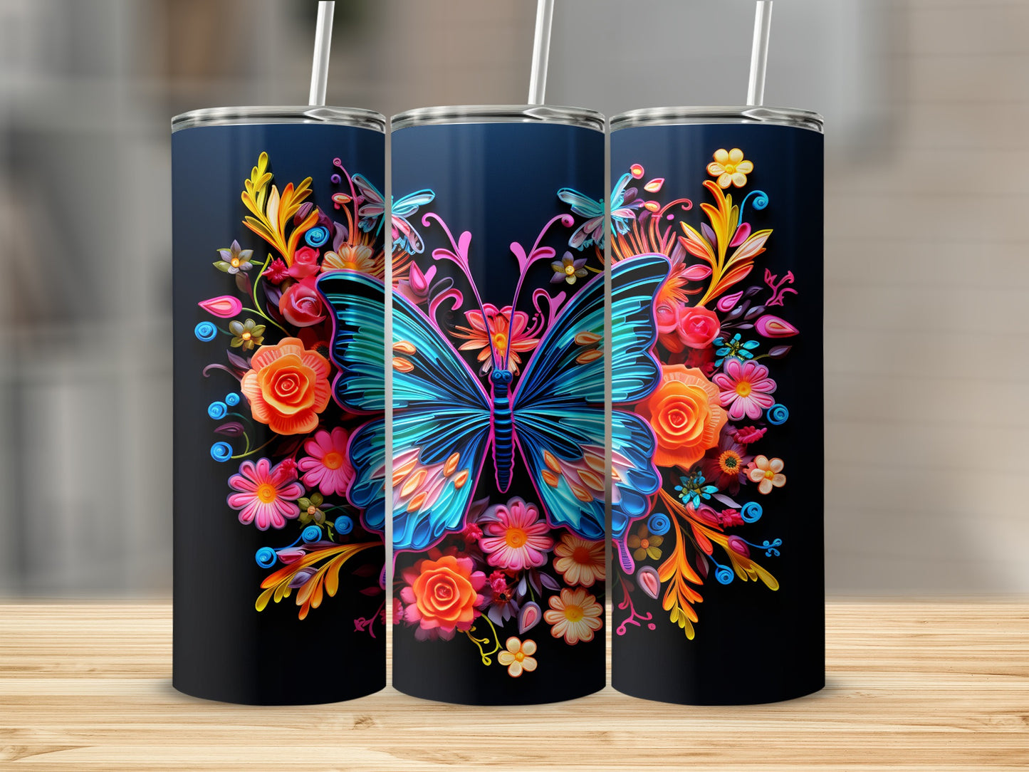 Colorful Butterfly and Flowers Insulated Tumbler