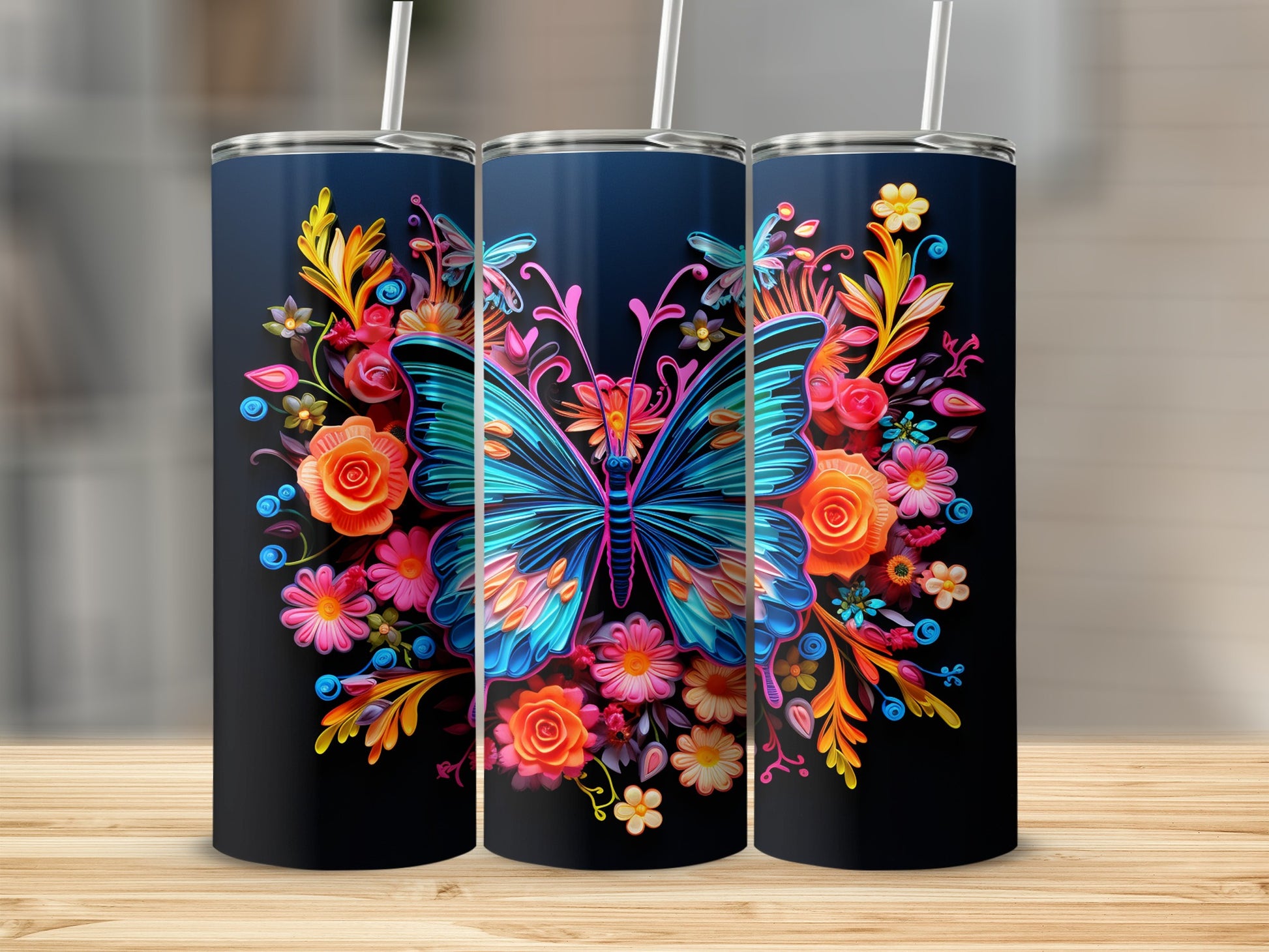 Colorful Butterfly and Flowers Insulated Tumbler