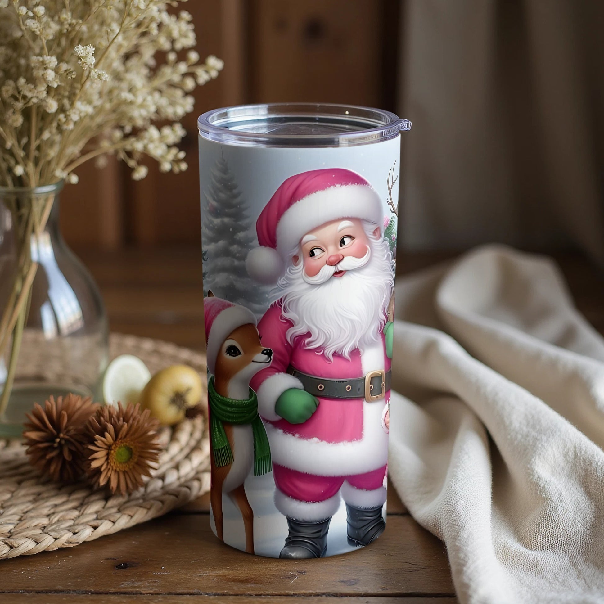 Santa Claus and Reindeer Scene Holiday Tumbler
