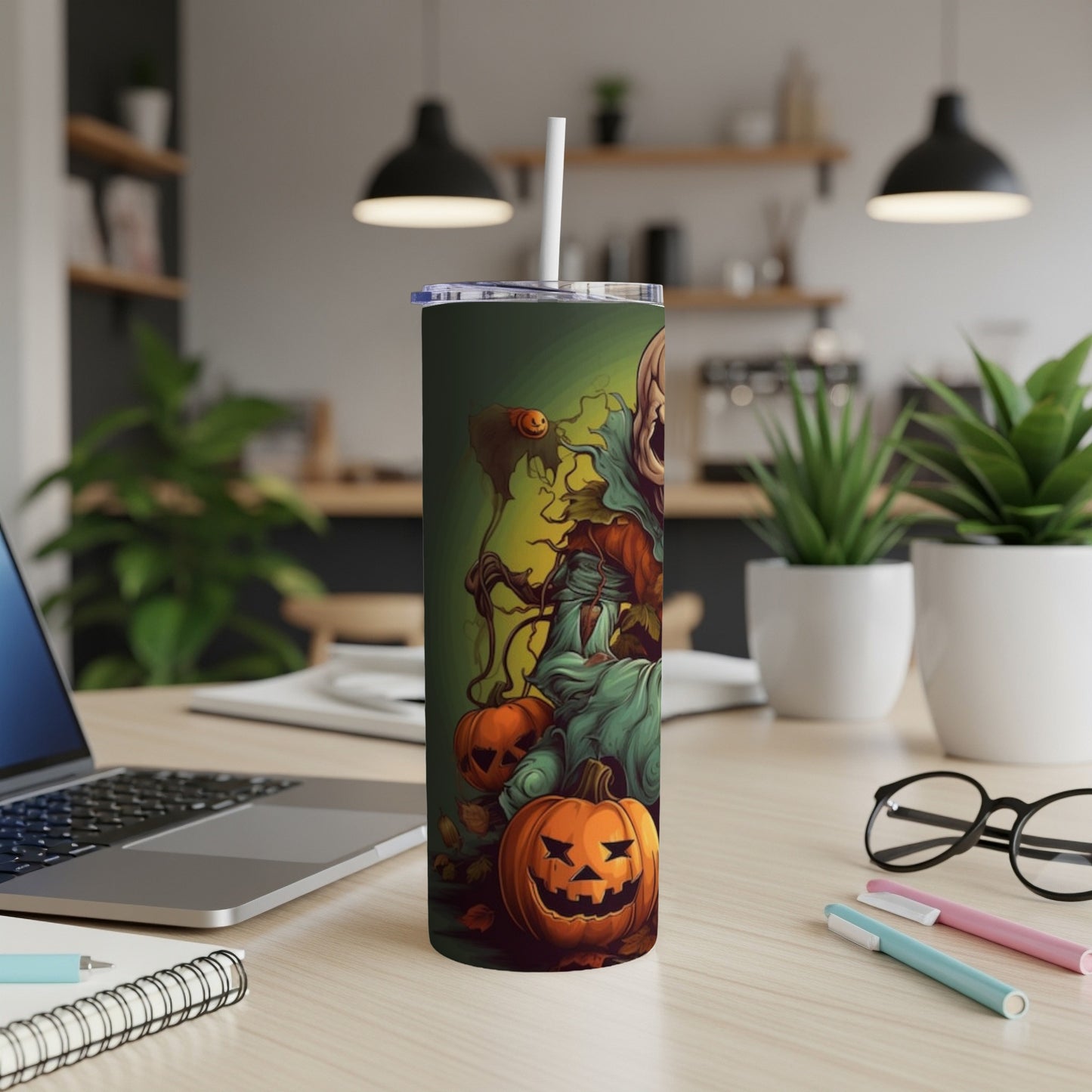 Tall tumbler with a Halloween scarecrow and jack-o'-lantern design.
