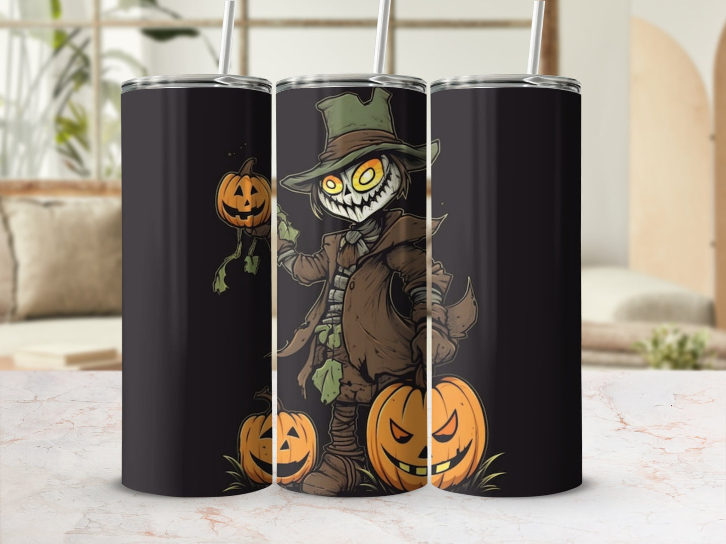 Tumblers feature a spooky scarecrow and pumpkins in a Halloween theme design.