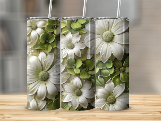 Three tumblers with detailed white and green floral designs.