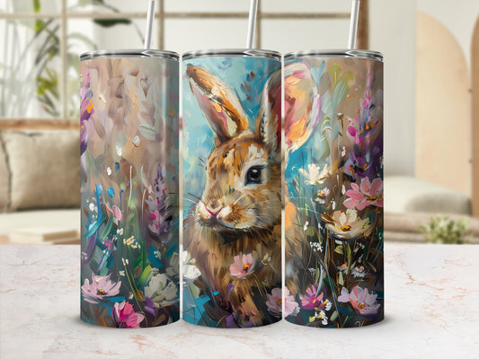 Bunny with flowers, watercolor art on three tumblers.