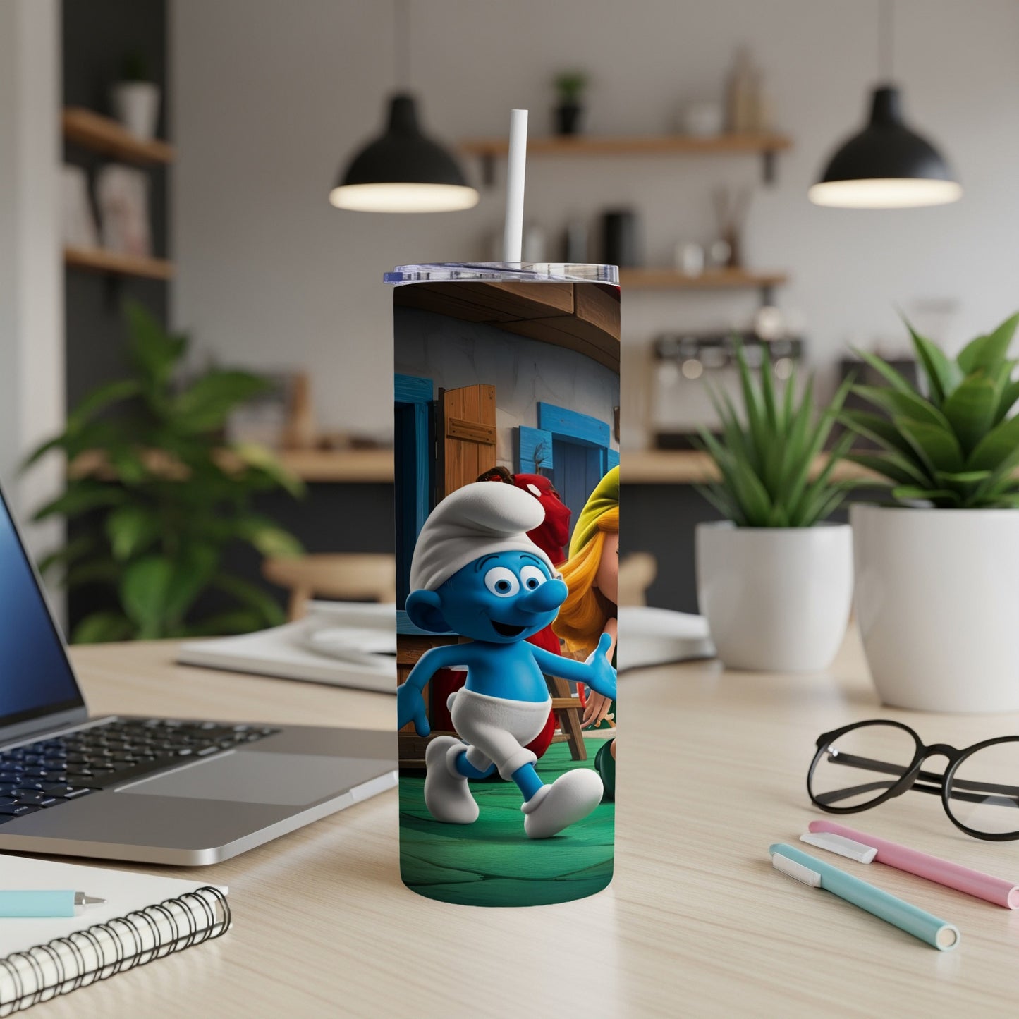 Smurf character with Smurfette and Papa Smurf on a blue wooden floor.