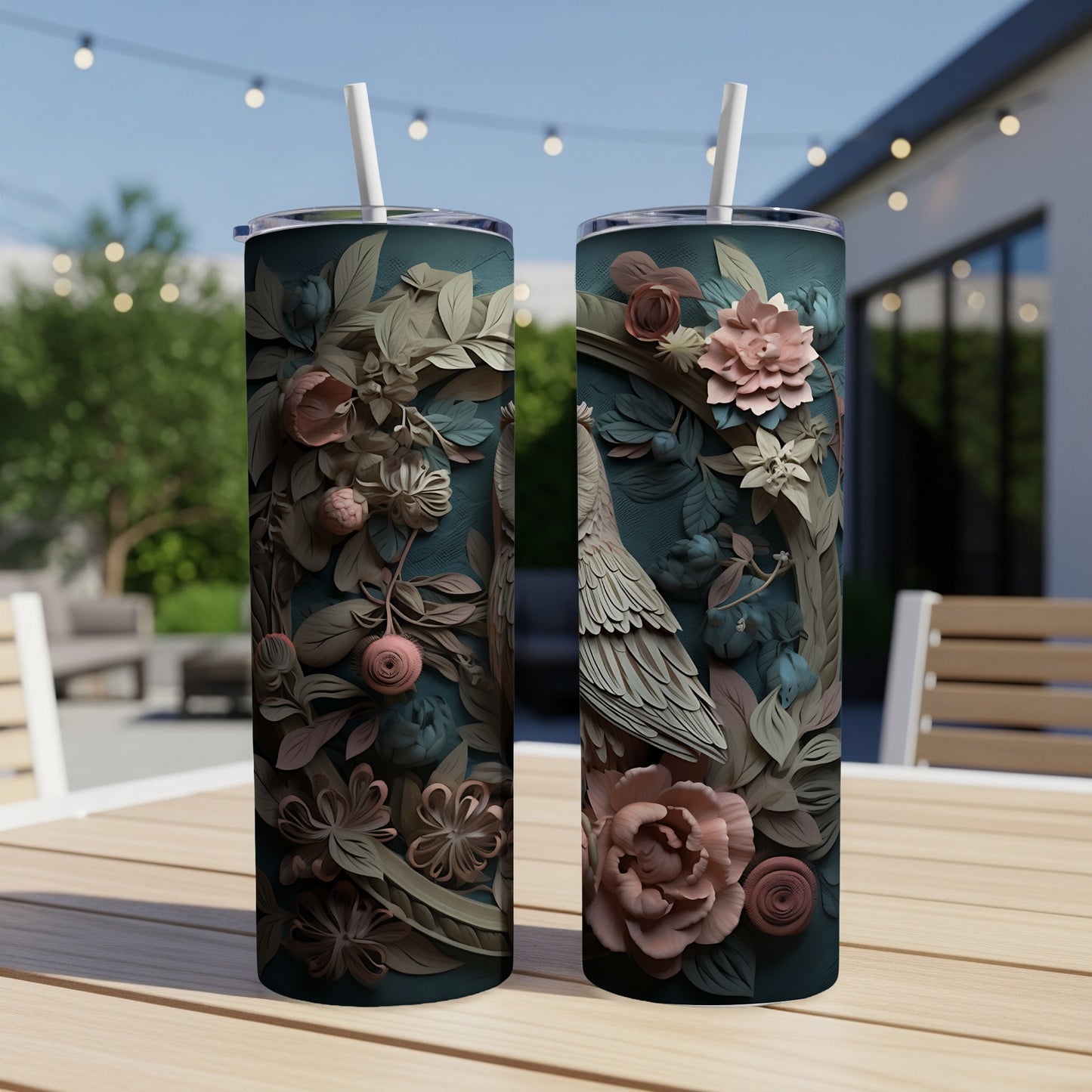 Two tall tumblers with intricate floral and bird designs on an outdoor table.