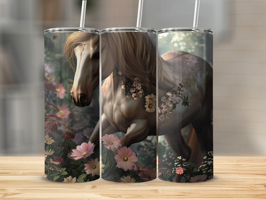 Triptych of a horse amidst flowers, with visible straws.